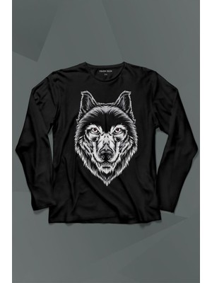 Kendim Seçtim Kırmızı Gözlü Vahşi Kurt Kafası Wolf Head Bozkurt Uzun Kollu Tişört Baskılı T-Shirt