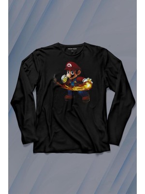 Kendim Seçtim Ateş Çıkaran Super Mario Smash Bros Oyun Uzun Kollu Tişört Baskılı T-Shirt