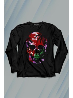 Kendim Seçtim Rengarenk Kafatası Skull Head Lila Renkleri Uzun Kollu Tişört Baskılı T-Shirt