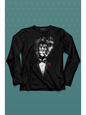 Kendim Seçtim Sigara Içen King Suit Aslan Kafası Uzun Kollu Tişört Baskılı T-Shirt