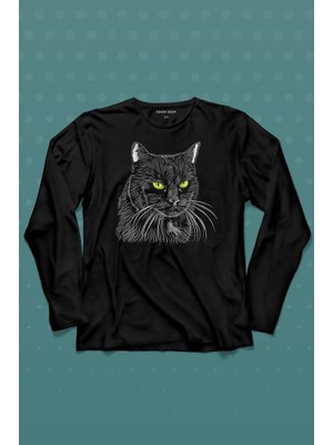 Kendim Seçtim Siyah Kedi Yeşil Gözlü Black Cat Çizim Uzun Kollu Tişört Baskılı T-Shirt