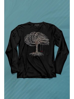 Kendim Seçtim Hayat Ağacındaki Kırmızı Salıncak Kuru Ağaç Uzun Kollu Tişört Baskılı T-Shirt
