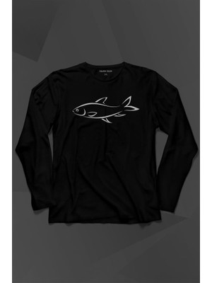 Kendim Seçtim Balık Silüeti Çizimi Fish Vector Uzun Kollu Tişört Baskılı T-Shirt