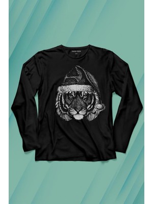 Kendim Seçtim Tiger Wild Cat Kaplan Fesli Noel Yılbaşı Christmas Uzun Kollu Tişört Baskılı T-Shirt