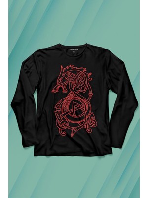 Kendim Seçtim Viking Fenrır Wolf Vikings  Kurt Kafa Street Urban Uzun Kollu Tişört Baskılı T-Shirt