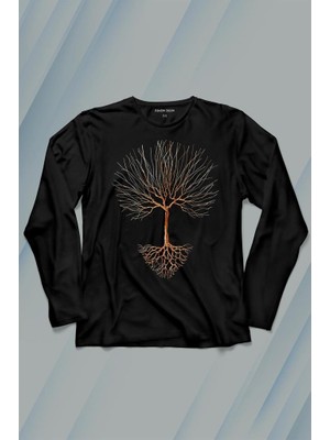 Kendim Seçtim Nature Hayat Ağacı Kuru Ağaç Kökü Uzun Kollu Tişört Baskılı T-Shirt