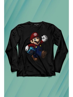 Kendim Seçtim Yeni Süper Mario Bros Mario Uzun Kollu Tişört Baskılı T-Shirt