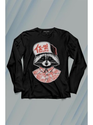 Kendim Seçtim Raccoon Gömlekli Rakun Silüeti Uzun Kollu Tişört Baskılı T-Shirt