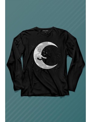 Kendim Seçtim Uzayda Sarılan Ay Aşık Smile Cosmos Gülümsemesi Uzun Kollu Tişört Baskılı T-Shirt