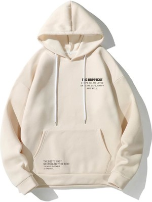 Trendseninle Bej The Happiest Baskılı Kapişonlu Sweatshirt