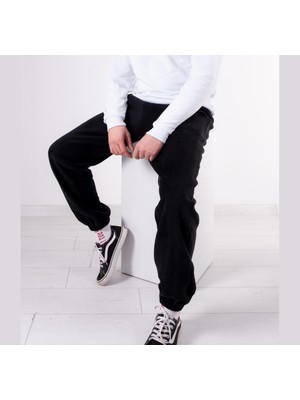 Vatkalimon Kadın Erkek Siyah Cepli Paçası Lastikli Polar Eşofman Altı