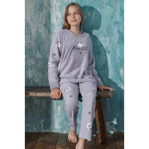 Pijama Evi Gri Wild But Desenli Kız Çocuk Peluş Pijama Takımı