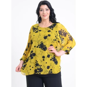 Lilas Xxl Büyük Beden Sarı Desenli Şifon Bluz