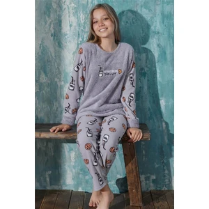 Pijama Evi Gri Milk Desenli Kız Çocuk Peluş Pijama Takımı