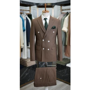 Erkek Kruvaze Çizgili Takım Elbise Italyan Kesim Slim Fit Ceket Pantolon-Açık Kahve