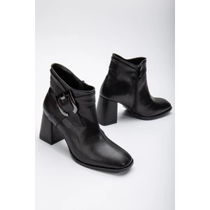 Dilimler Ayakkabı Cilt Metal Kemerli Siyah Kadın Kalın Topuklu Bot