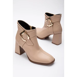 Dilimler Ayakkabı Cilt Metal Kemerli Nude Kadın Kalın Topuklu Bot
