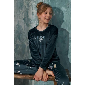 Pijama Evi Petrol Life Desenli Exclusive Kadife Kız Çocuk Pijama Takımı 