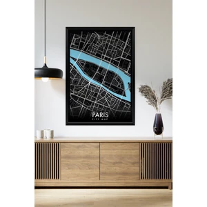Tek Parça Siyah Çerçeve Görünümlü "paris Siyah" Harita Mdf Tablo