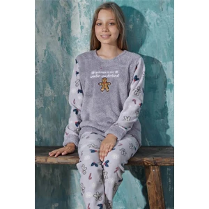 Pijama Evi Gri Wonderland Desenli Kız Çocuk Peluş Pijama Takım