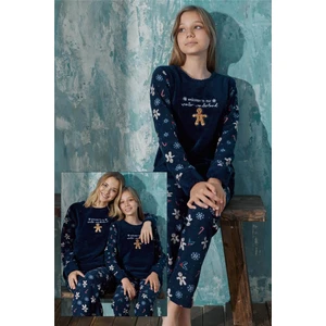Pijama Evi Lacivert Wonderland Peluş Anne Kız Aile Pijaması - Kız Çocuk Takımı