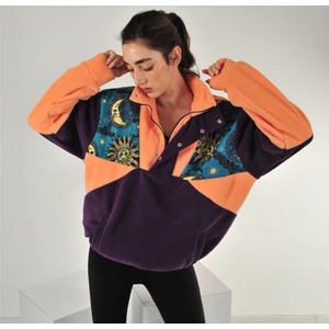 Kadın Polar Sweatshirt Yarım Fermuarlı Oversize Renkli Desenli Rahat Tasarım