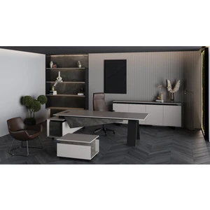 Çağın Ofis Mobilyaları Balance 260 cm Sağ Etajerli Yönetici Siyah Çalışma Ofis Masa Takım (Irony/kül Grisi)