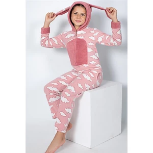Pijama Evi Pembe Bulut Desenli Kız Çocuk Polar Peluş Tulum Pijama