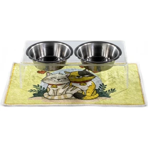 Kedi ve Köpek Dekoratif 2'li Seramik Pleksi Mama & Su Kabı+ Paspas