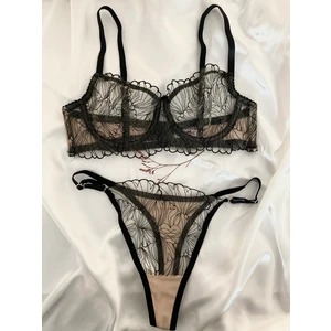 Dantelli Brode Işlemeli Balenli Sütyen Takım Siyah Nude