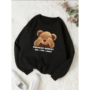 Kadın Siyah Utangaç Ayıcık Baskılı Bisiklet Yaka Sweatshirt