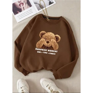 Kadın Kahve Utangaç Ayıcık Baskılı Bisiklet Yaka Sweatshirt
