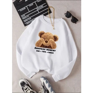 Kadın Beyaz Utangaç Ayıcık Baskılı Bisiklet Yaka Sweatshirt