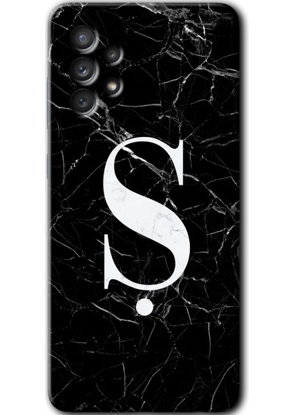 Galaxy A53 Kılıf Hd Desen Baskılı Arka Kapak + Kırılmaz Cam - Siyah Mermer Desenli Ş Harfi