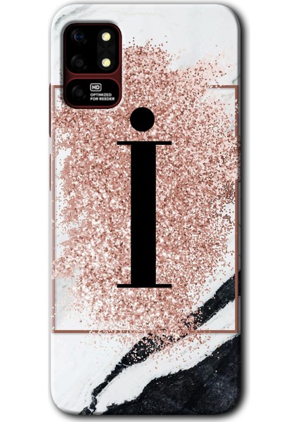 Reeder S19 Max Kılıf Hd Desen Baskılı Arka Kapak + Kırılmaz Cam - Pembe Mermer Desenli I Harfi