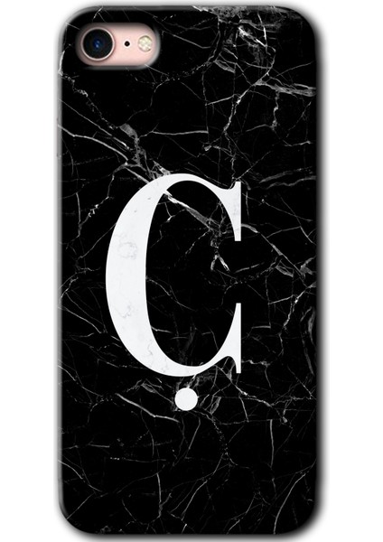Apple iPhone 7 Kılıf Hd Desen Baskılı Arka Kapak + Kırılmaz Cam - Siyah Mermer Desenli Ç Harfi