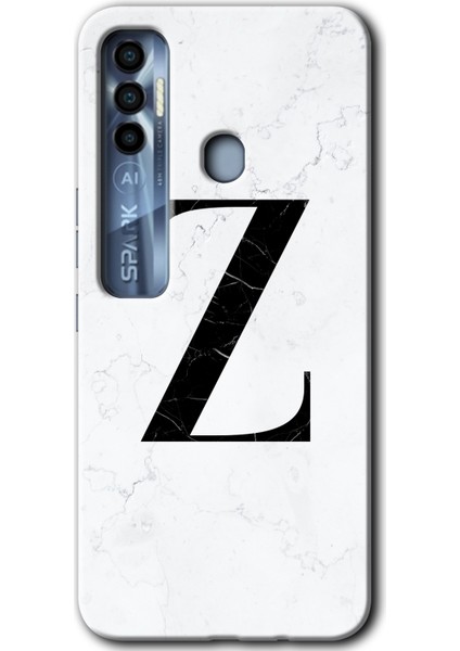 Tecno Spark 7 Pro Kılıf Hd Desen Baskılı Arka Kapak + Kırılmaz Cam - Beyaz Mermer Desenli Z Harfi