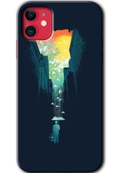 Apple iPhone 11 Kılıf Hd Desen Baskılı Arka Kapak + Kırılmaz Cam - City Bird Sky