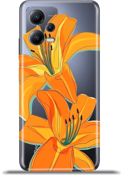 Xiaomi Redmi Note 12 5g Kılıf Esnek Silikon Kamera Koruma 4K Desenli Özel Tasarım - Orange Lilyum