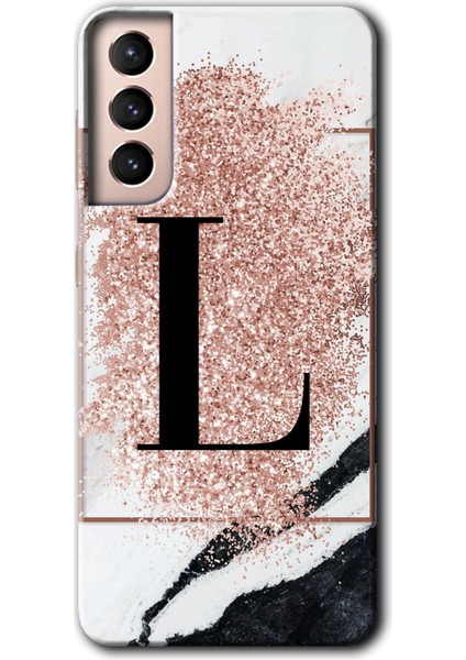 Galaxy S21 Kılıf Hd Desen Baskılı Arka Kapak + Kırılmaz Cam - Pembe Mermer Desenli L Harfi