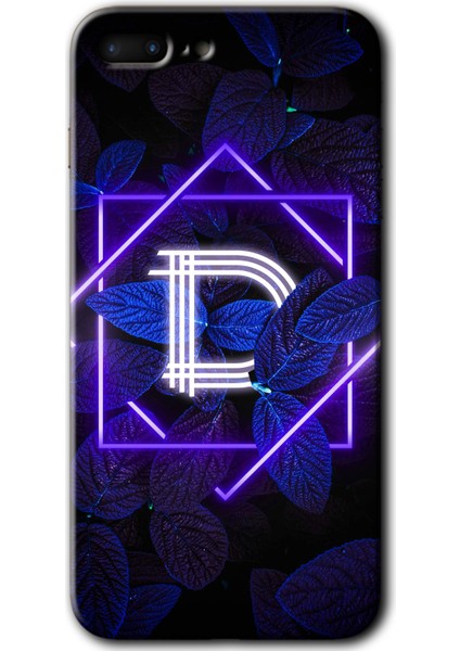 Apple iPhone 7 Plus Kılıf Hd Desen Baskılı Arka Kapak + Kırılmaz Cam - Dark Neon Yaprak D Harfi