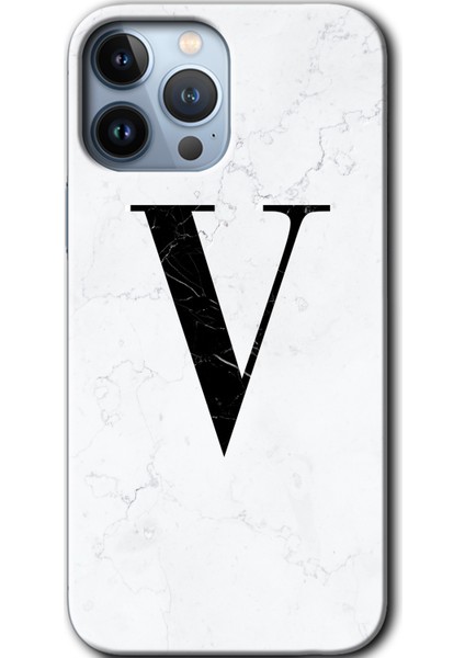 Apple iPhone 13 Pro Kılıf Hd Desen Baskılı Arka Kapak + Kırılmaz Cam - Beyaz Mermer Desenli V Harfi