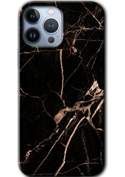 Apple iPhone 13 Pro Kılıf Hd Desen Baskılı Arka Kapak + Kırılmaz Cam - Siyah Gold Mermer