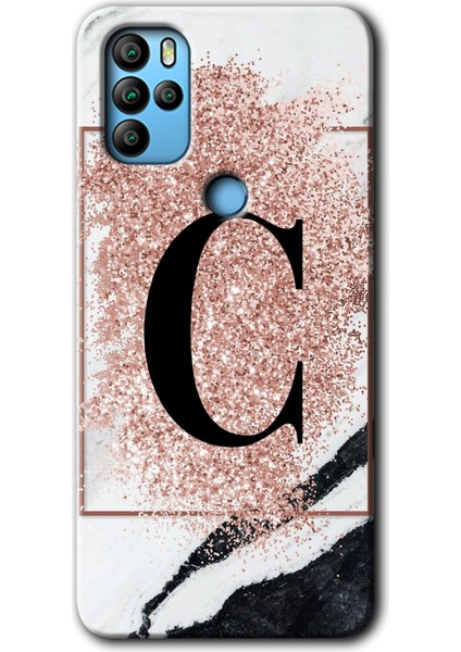 Omix X300 Kılıf Hd Desen Baskılı Arka Kapak + Kırılmaz Cam - Pembe Mermer Desenli C Harfi