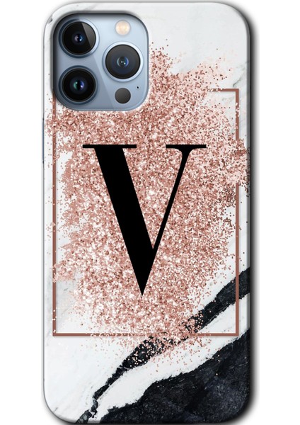 Apple iPhone 13 Pro Kılıf Hd Desen Baskılı Arka Kapak + Kırılmaz Cam - Pembe Mermer Desenli V Harfi