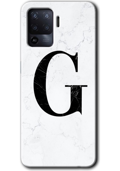 Oppo Reno 5 Lite Kılıf Hd Desen Baskılı Arka Kapak + Kırılmaz Cam - Beyaz Mermer Desenli G Harfi