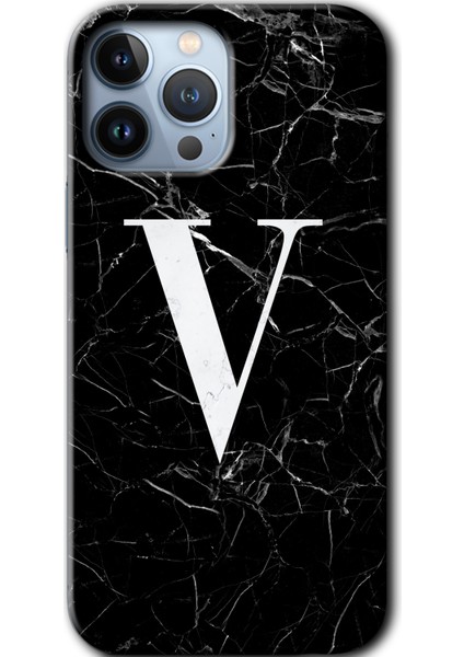 Apple iPhone 13 Pro Kılıf Hd Desen Baskılı Arka Kapak + Kırılmaz Cam - Siyah Mermer Desenli V Harfi