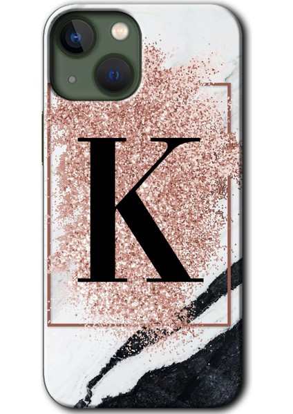 Apple iPhone 13 Kılıf Hd Desen Baskılı Arka Kapak - Pembe Mermer Desenli K Harfi