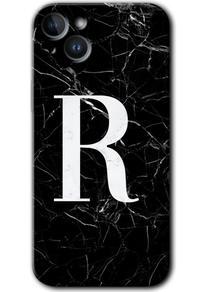 Apple iPhone 14 Kılıf Hd Desen Baskılı Arka Kapak - Siyah Mermer Desenli R Harfi