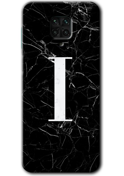 Redmi Note 9s Kılıf Hd Desen Baskılı Arka Kapak + Kırılmaz Cam - Siyah Mermer Desenli I Harfi